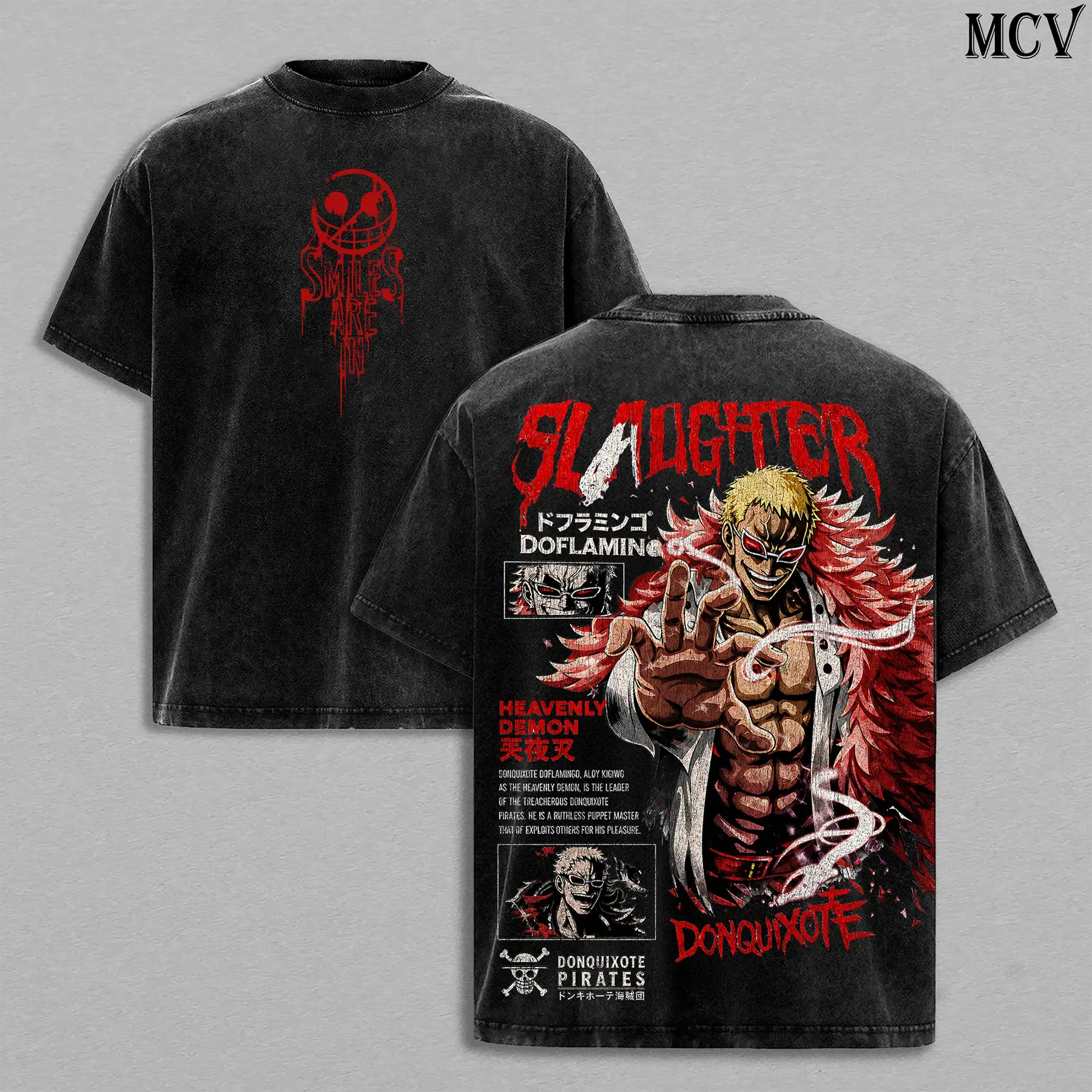 Donquixote Doflamingo OnePiecee's Tee – Doflamingo Vintage Washed T-Shirt | Heavenly Demon | King of Dressrosa Anime Manga Graphic Tee | Heavy Cotton Unisex Oversized Streetwear Top