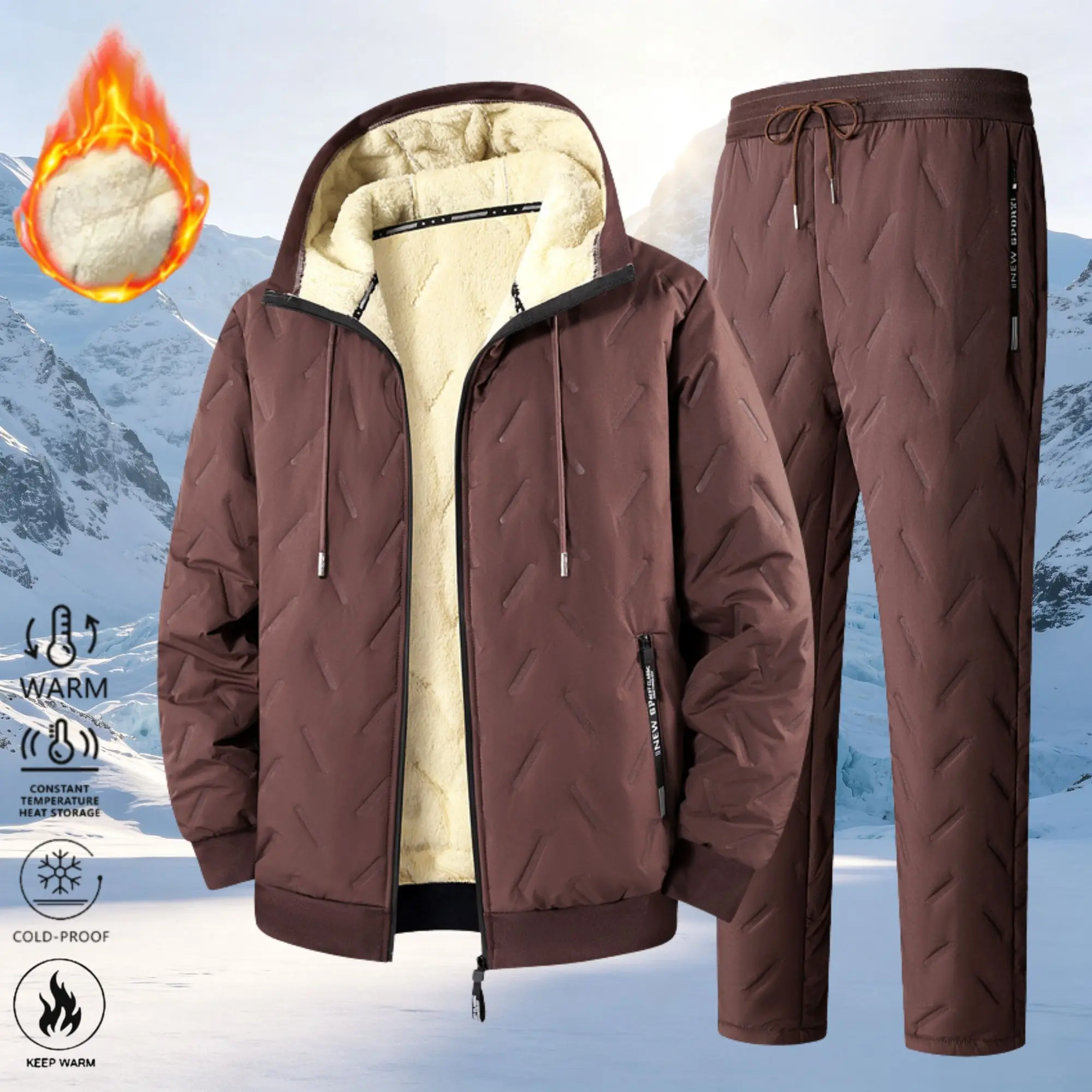 Men’s Winter Thick Fleece 2-Piece Set, Embossed Zip-Up Hooded Top & Drawstring Cuffed Pants, Outdoor Windproof Cold-Resistant Warm Menswear Clothing Set