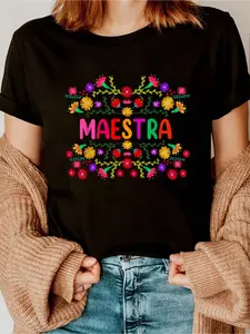 Maestra Spanish Mexican Teacher Mexico women's shirts T-Shirt Print Crew Neck women's shirts T-Shirt For Summer, Women's Soft Short Sleeve Top, Stylish Comfy Tee For Womens Graphic Tees vintage graphic tees
