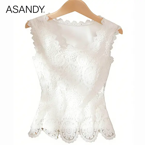 ASANDY Women's Fitted Multicolor Lace Tank Top - Cute Date Night Pick with Chic Touch, Classy Square Neck Sleeveless Scalloped Edge Summer Top for Layering & Wearing Alone
