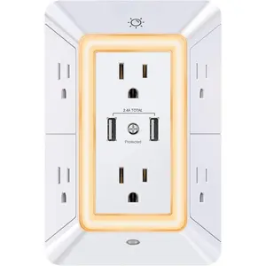 Surge Protector – USB Wall Charger POWRUI 6-Outlet Wall Adapter with 2 USB Charging Ports, Night Light, and 3-Sided Power Strip Design | Multi Plug Outlet Extender for Home, Office