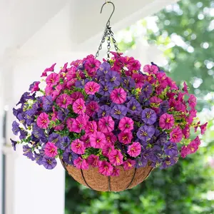 Artificial Fake Hanging Flowers Plants Basket Decoration Silk Morning Glory in Planter for Home Porch Balcony Yard Outdoor Decor