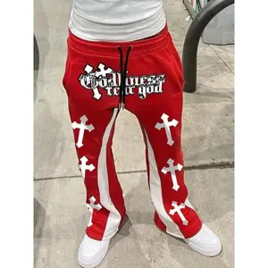 Men’s Y2K cross-print graphic flare sweatpants with stacked cuffs, loose fit, thick fabric—all-season gothic streetwear pants