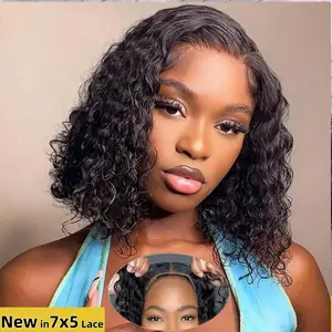 SUKI ORIGINAL Short Curly Glueless Bob Wig Human Hair Pre Cut 7x5 Ready To Wear Pre Cut Lace Wig 180% Density Deep Wave Natural Black HD Lace Closure Wig for Women