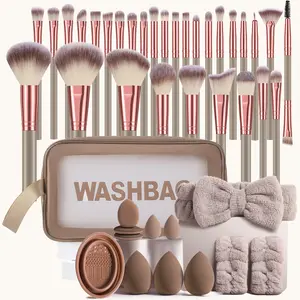 43PCS All-In-One Professional Makeup Tools Set with Waterproof Cosmetic Bag, 30PCS Makeup Brushes, 3+2PCS Makeup Sponges, 3PCS Mini Air Cushion Powder Puffs, Brush Cleaning Tool, Hairband & 2PCS Hand Bowl Straps – Complete Portable Kit for Daily Makeup