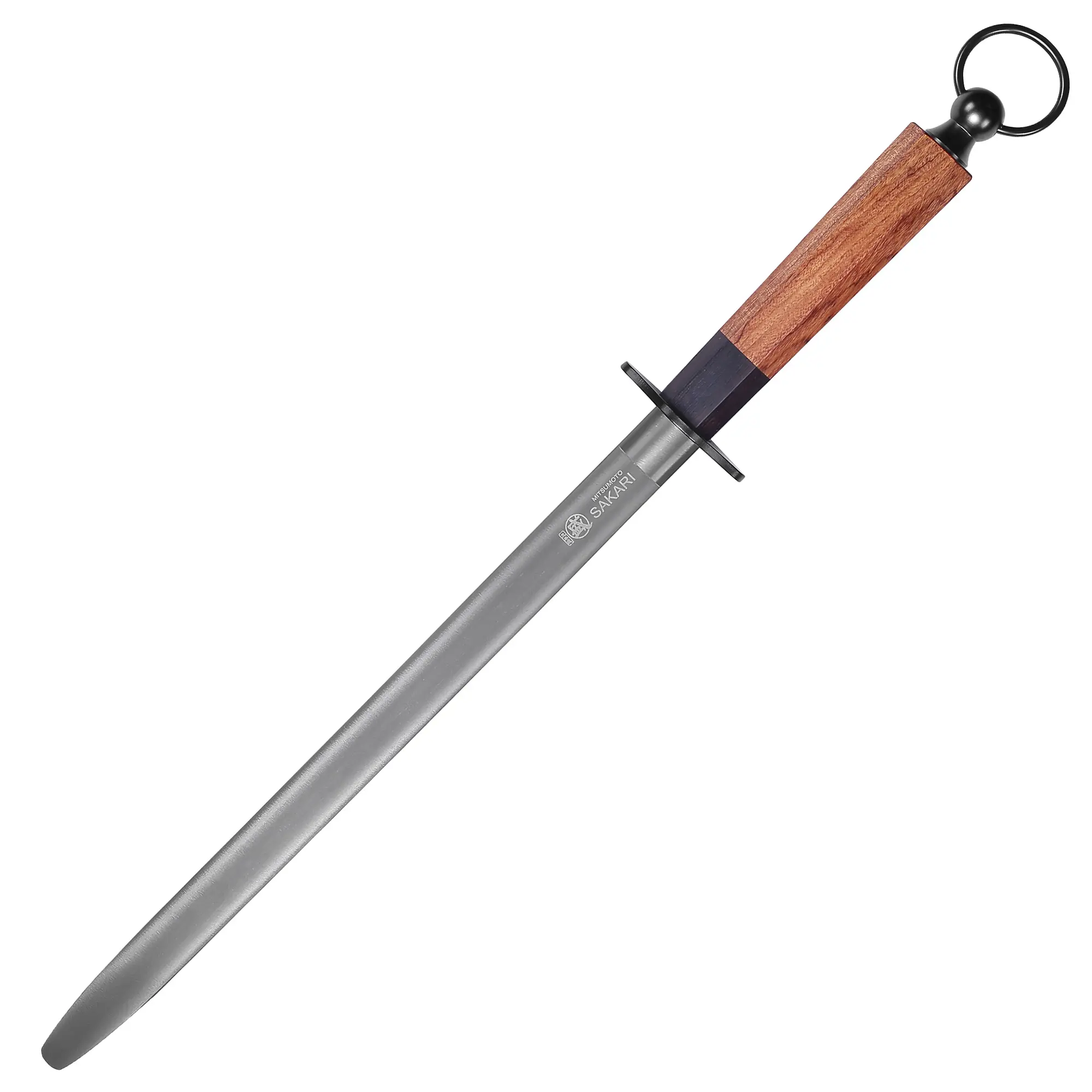 MITSUMOTO SAKARI 10/12 Inch High Carbon Steel Knife Sharpener Rod, Round & Flat Honing Rod with Rosewood Handle, Carbonized Surface for Kitchen Knife Edge Maintenance