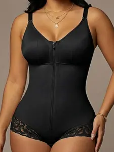 1 Count Women's Lace Butt Lifting And Tummy Control Body Shaperwear, Fajas, Colombian Shapewear, Medium Support High Elasticity Fabric Jumpsuit, Solid Color Comfortable Zipper Closure Bodysuit, Suitable For Sport,Yoga, Casual Outings