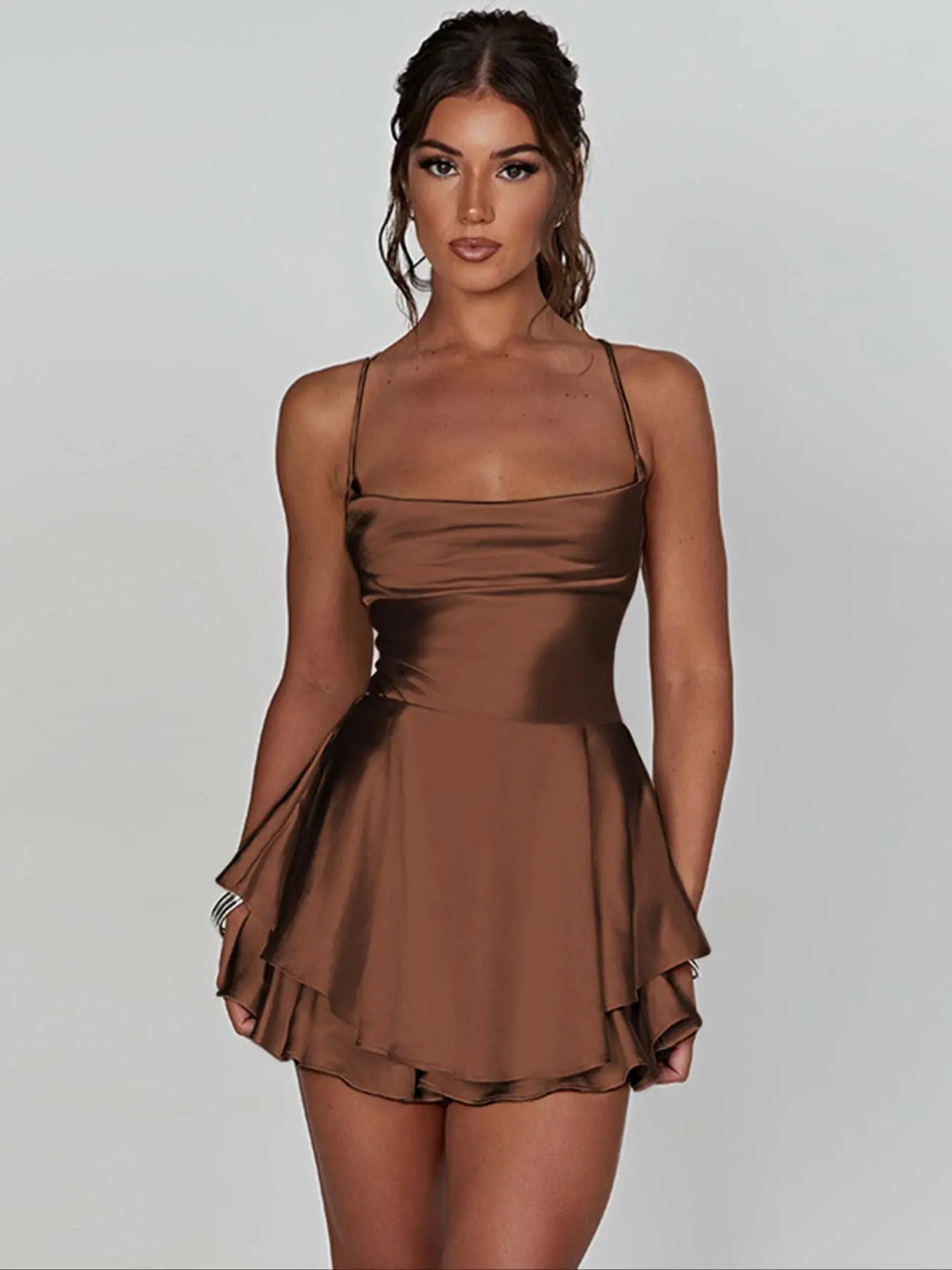 Women's Plain Lace Up Backless Tiered Layer Stretchy Satin Cami Dress, Summer Clothes Women, Womenswear, Elegant Women's Plain Lace Up Backless Tiered Layer Stretchy Satin Cami Dress, Summer Clothes Women, Womenswear, Elegant