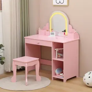 Kids Vanity with Lighted Mirror - 2 in 1 Little Girls Vanity Table and Stool - Kids Makeup with Drawer and Open Shelves for 3-9 Yrs Girls - Pink