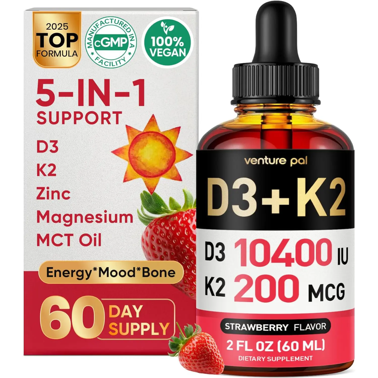 Vitamin D3 K2 Drops 10000 IU Liquid Vitamin D with MK7 Magnesium Zinc MCT Oil Sugar Free Bone Immune Support 60 Day Supply