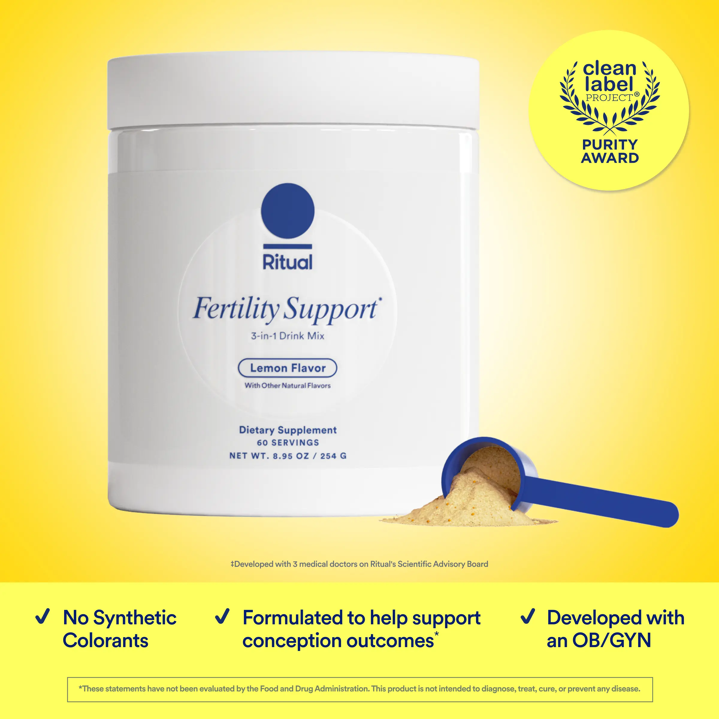 Ritual Fertility Support Supplement 3-in-1 Drink-Mix Formulated to Support Conception Outcomes with Clinically-Studied Ingredients (CoQ10, NAC, Myo-Inositol) and Designed with an OB/GYN. 60 Servings.*