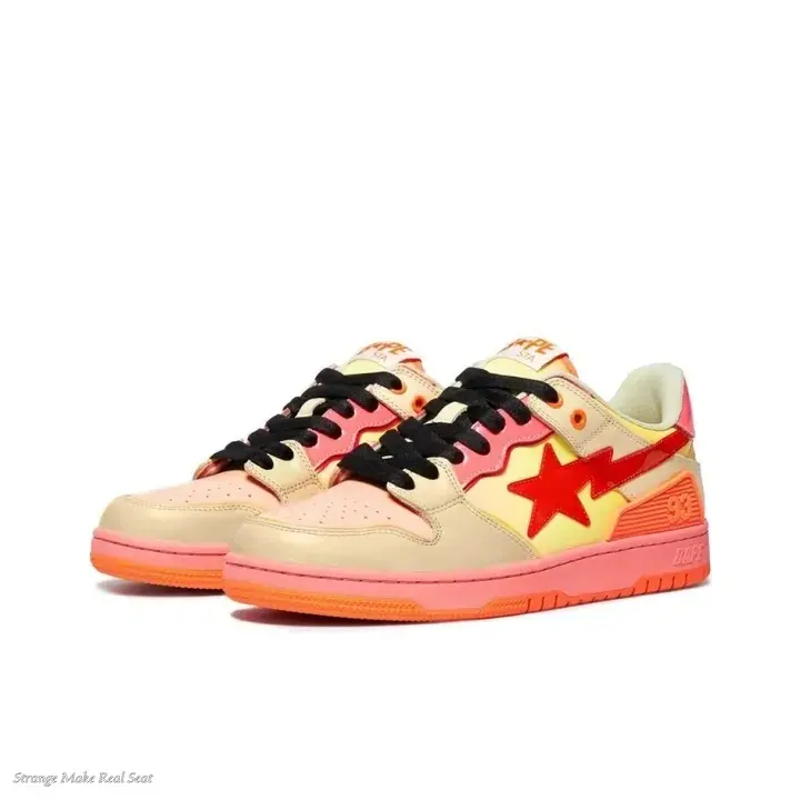 Peach Yellow Orange Gradient Low Top Skate Sneakers | Smooth Faux Leather & Red Star Decor | Warm Sunset Tone Street Daily Outfits | Unisex For Men And Women