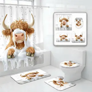 4Pcs Shower Curtain Set Highland Cow, Bubble Bath, Farm Animal, Bathroom Sets with Rugs, Christmas Halloween Thanksgiving, Bathroom Decor, Adorable Highland Cow In Foamy Bath With Water Droplets And Bubbles