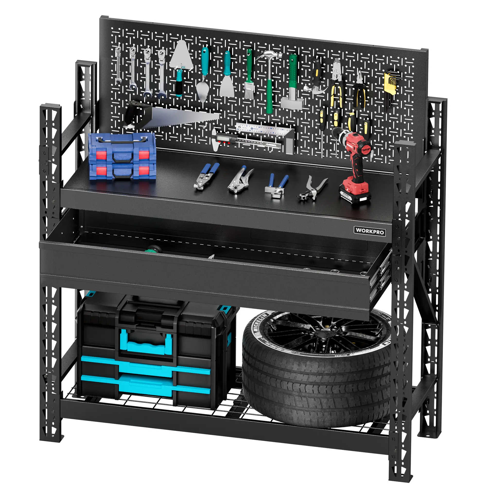 #summersale WORKPRO 50" Heavy Duty Steel Workbench with Pegboard & Drawer, 3180lbs Capacity Garage Workbench, Sturdy Shelves, Tool Storage Work Benches for Garage, Workshop & Woodworking