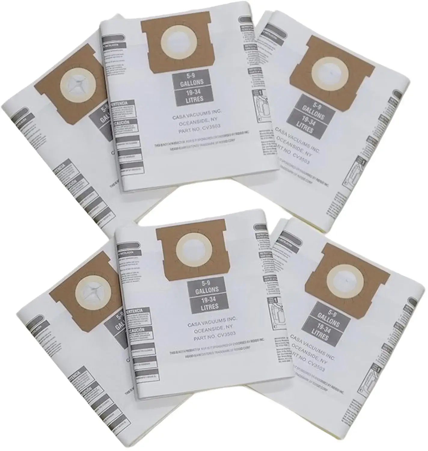 6 Replacement VF3503 Bags. Compatible with Ridgid 5-9 Gallon Wet/Dry Vacuum Units and Shop Vac 5-8 Gallon Units. High Efficiency Filtration General Collection Paper Bags.