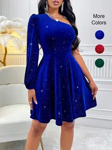 Women's Starry Shoulder Mini Dress, Velvet One Sleeve Waist Cinching, Party Evening Date Elegant, Fall Winter Fashion Clothing