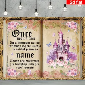1pc 2D Flat banner, Name Princess Birthday Party Banner, Polyester Floral Ancient Castle Once Upon a Time Fairy Tale Book Theme Photography Backdrop, Personalized Name Happy Birthday Banner for Cake Wedding White