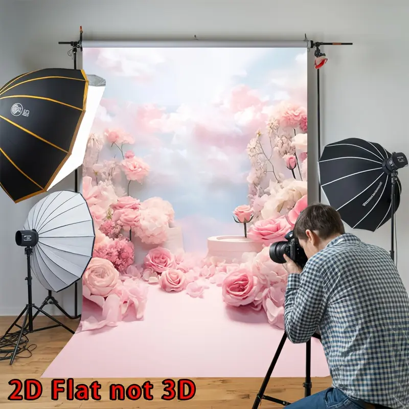 1PC 2D Flat Polyester Reusable Photography Backdrop Banner - Blush Pink Romantic Flower and Cloud Scene, 1-Piece Children's Portrait Background, Photo Studio Decoration for Birthday Events, One-Piece,summerwins