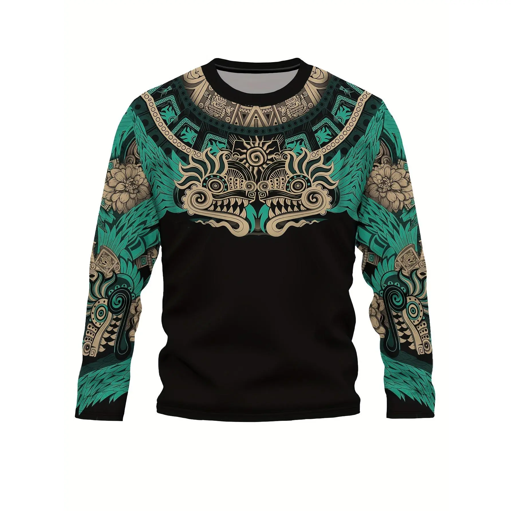 Men's Regular Round Neck Long Sleeve Aztec Mexican Print Pull On T-Shirt - Stretch Polyester Casual Comfy Top, Spring Autumn Wear, Novelty Pajama Top