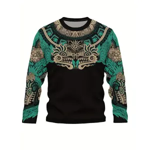 [Casual Comfy Long Sleeves Tee] Aztec Mexican Pattern Print Men's Crew Neck Long Sleeves T-shirt, Casual Comfy Sweatshirt For Spring Autumn, Men's Novelty Pajamas Tops