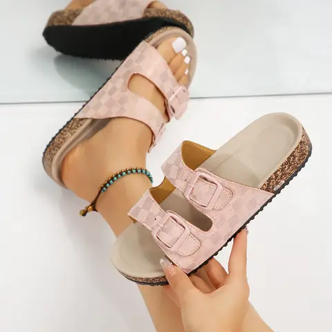 Women's Checkered Cork Slide Sandals with Adjustable Buckle Outdoor Anti-Slip Comfortable Shoes