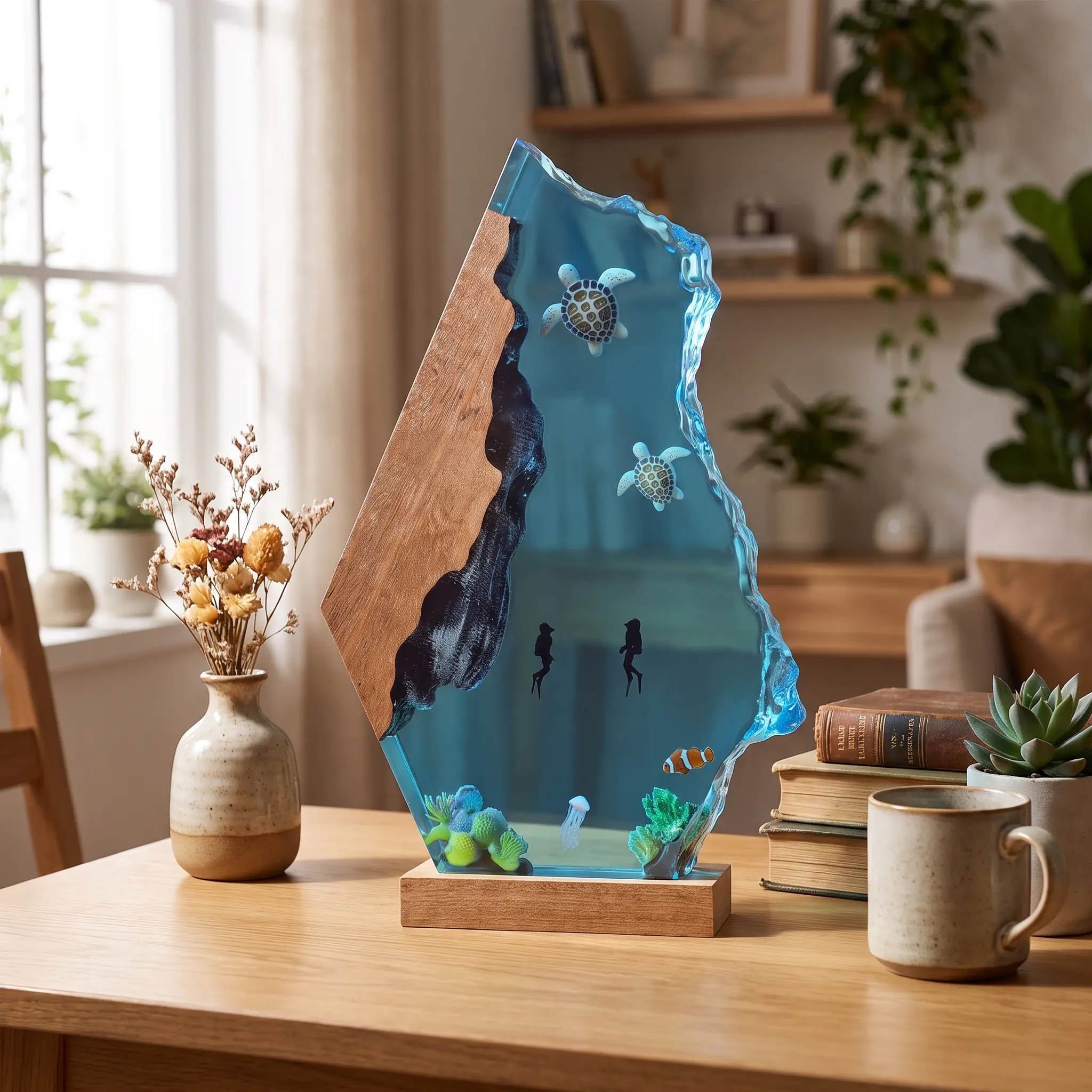 Handcrafted Ocean Resin Night Light, Scuba Diver & Sea Turtle LED Desk Lamp with Wood Base, Aesthetic Room Decor Birthday Gift