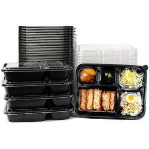 5 Compartment Meal Prep Containers With  - (50 Pack) Plastic  Bento Boxes Stackable  Disposable Microwaveable Safe