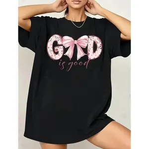 1pc Women's Vintage Christian "God Is Good" Bible Verse T-Shirt with Floral Bow Design Soft Round Neck Short Sleeve Machine Washable Beige Casual Top for Mother's Day Father's Day & All Festivals walk by faith tee Flower Print Casual T-Shirt Unisex Hor