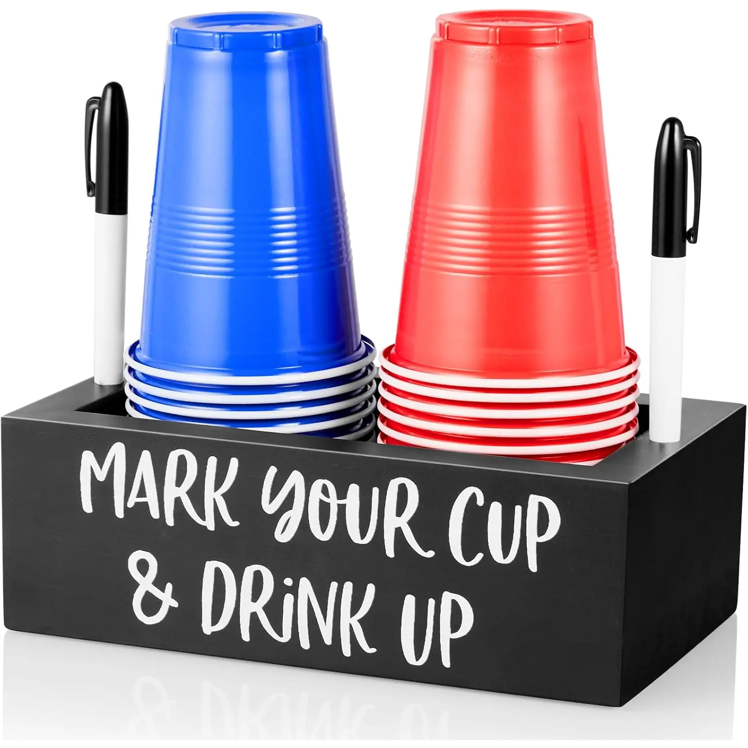 Double Disposable Cup Holder with Marker Slot, Your Cup and Drink up Caddy, Wood Disposable Cup Holder, Plastic Cup Organizer, Gift for Hostess, Black DRASTAR