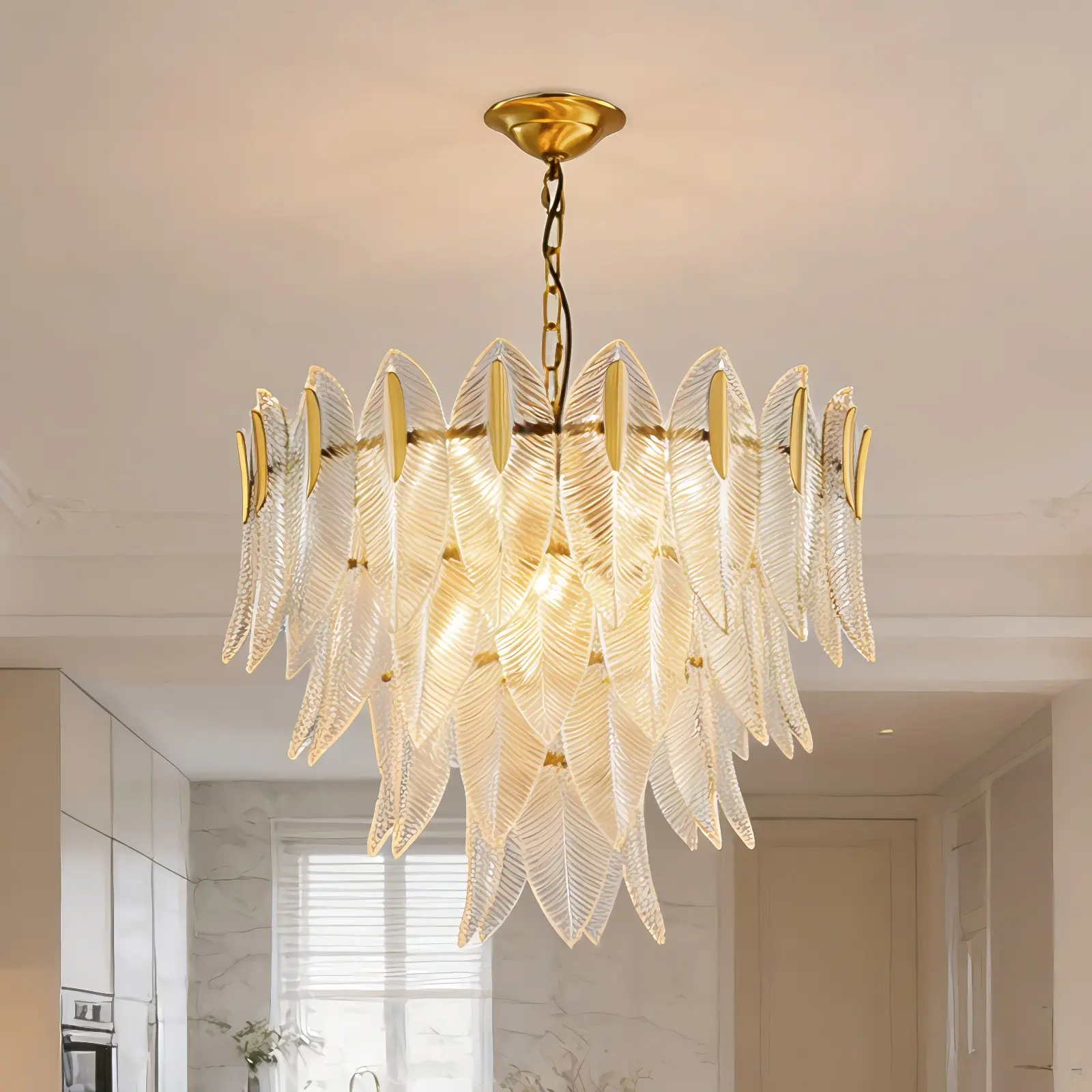 24 in American Minimalist 4-Tier Iron-Glass-Alum Chandelier - Gold 9-Lights Leaf Glass Pendant Light with Adjustable Chain, 3-Color E14 Bulbs for Dining Room, Living Room