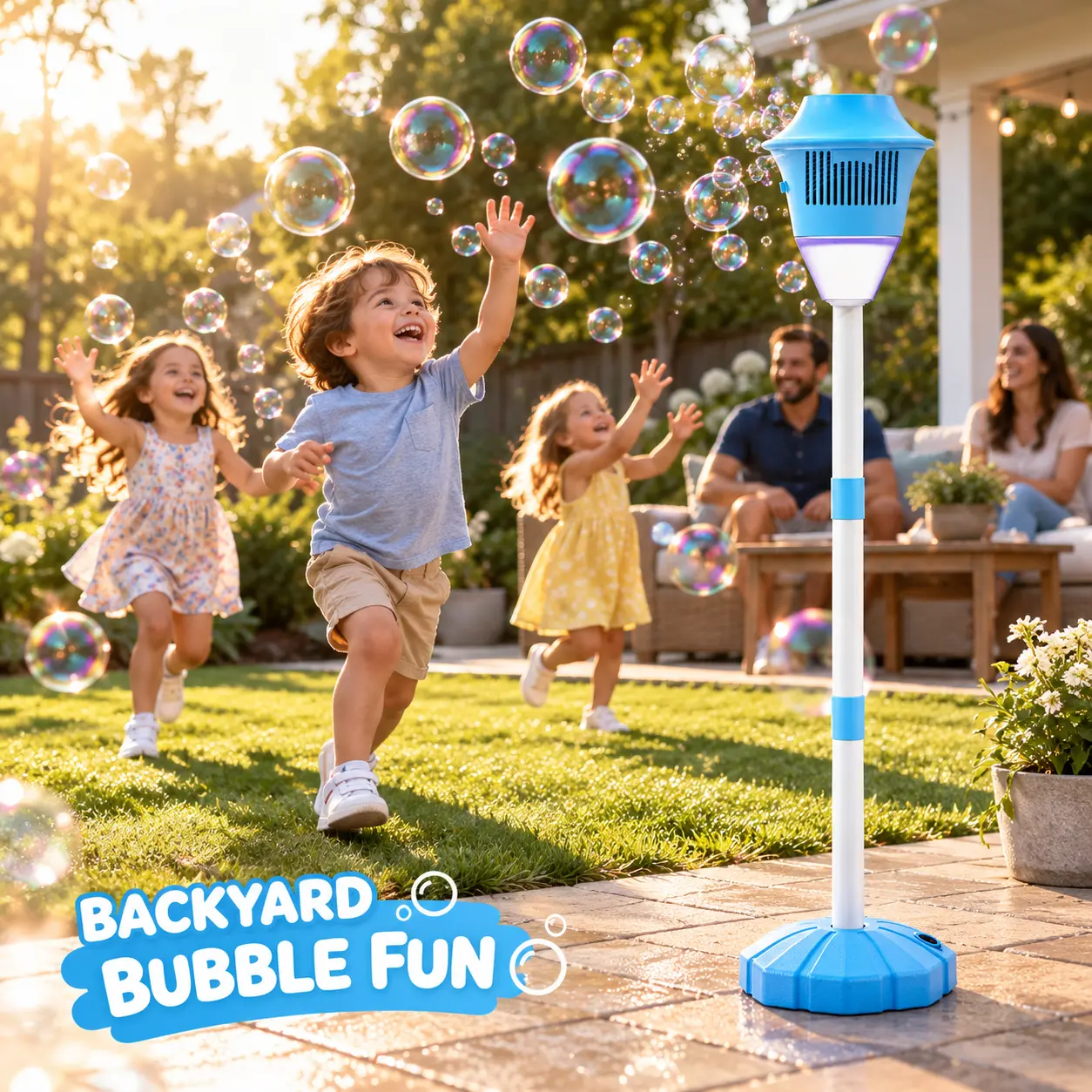 Streetlamp Bubble Machine with Lights, Leak-Resistant Standing Bubble Maker with Wide Base, Outdoor Bubble Toy for Backyard Play, Birthday Parties and Family Gatherings