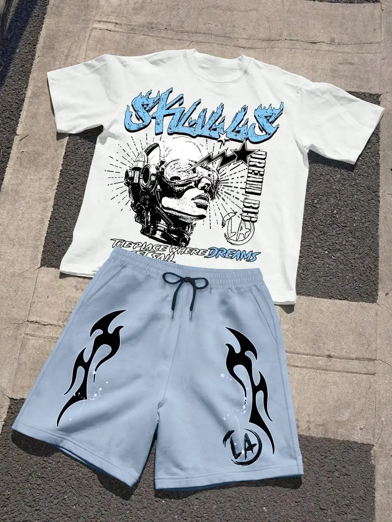 American Street Style Casual Print Loose Set, Skull Flame Short Sleeve T-Shirt + Light Blue Flame Drawstring Shorts, Two-Piece