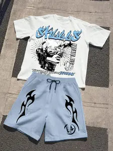 American Street Style Print Set, Menswear Skull Flame Short Sleeve T-Shirt + Light Blue Flame Drawstring Shorts, Two-Piece