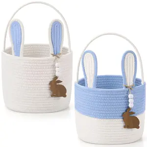 2 Pcs Large Easter Baskets Woven Rope Bunny Basket Easter Basket with Wood Name Tags for Egg Hunt Girls Boys(Blue and White)