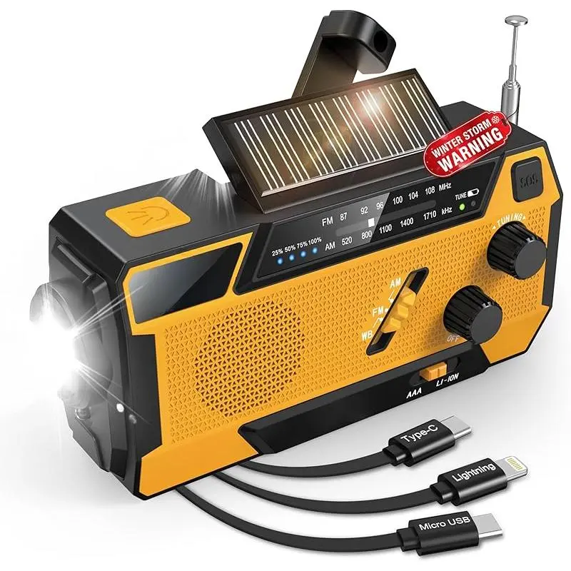 Hand Crank Emergency Radio NOAA Weather Radio 7400mWh Battery Operated 3 in 1 Charging Cable Hand Crank Charger with AM FM Portable Solar Powered Radio for Winter Storm Hurricane Survival Gear