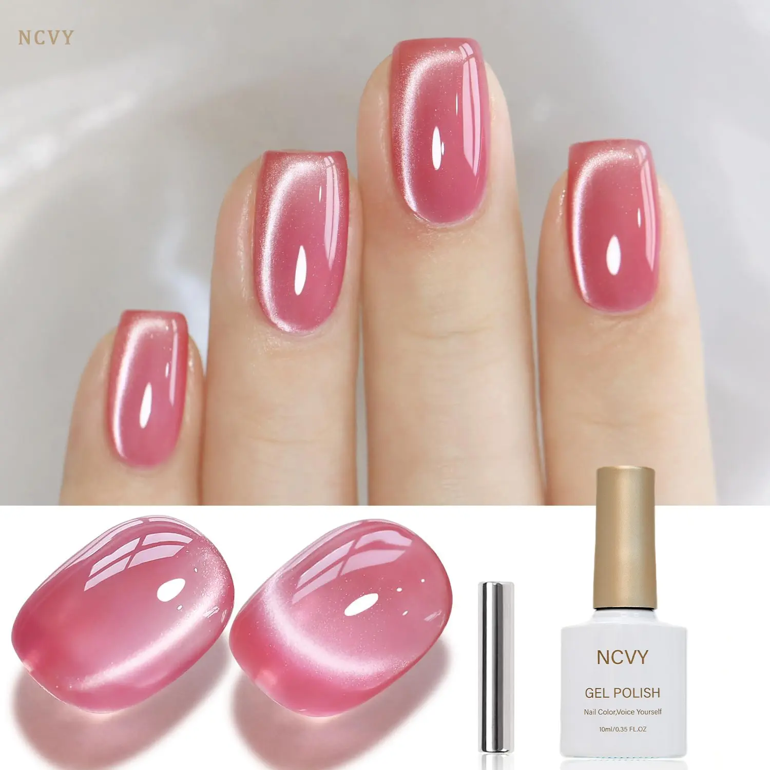 NCVY pink Cat Eye Magnetic Gel Nail Polish, Gel Shine Finish, Nail Care, 10ml/0.35oz with magnetic tool, Durable formula with LED curing, salon quality Nail Art, Manicure, DIY at home, ideal gift for spring/summer, safe formula free of HEMA