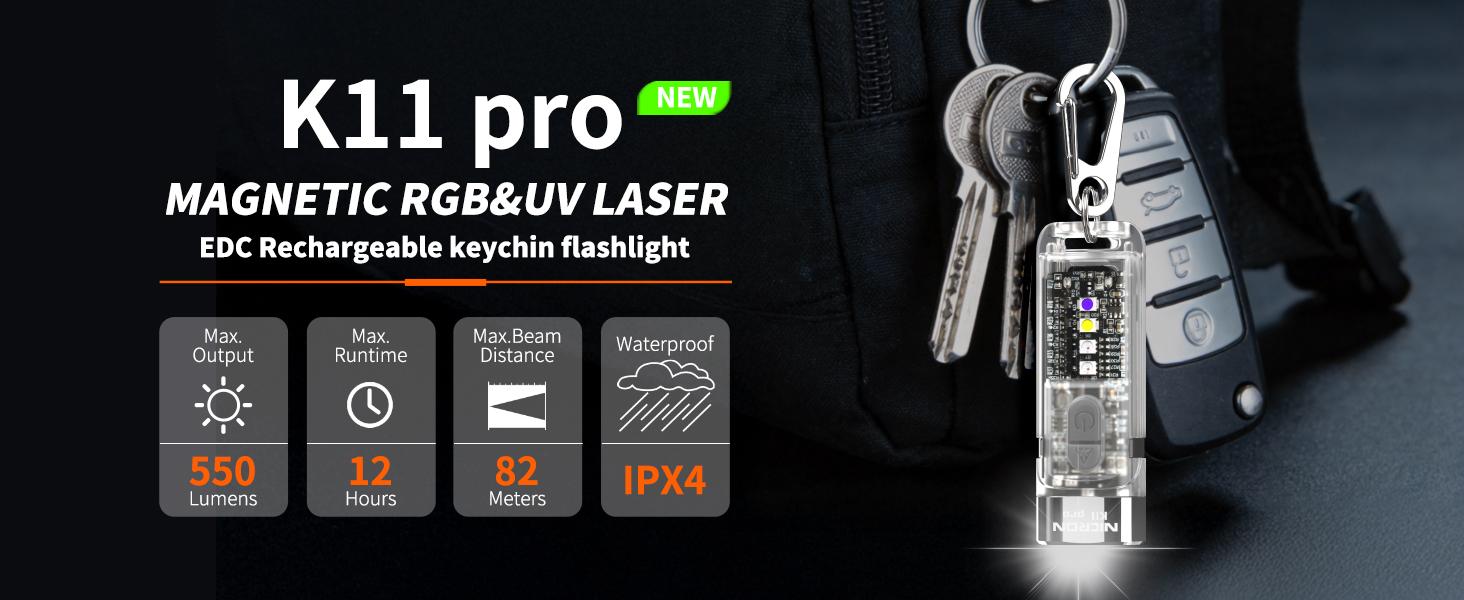 Summervibe Nicron K11 Pro Magnetic Keychain Flashlight, 550 Lumens RGB & UV Laser Light, 12H Runtime, 82M Beam, IPX4 Waterproof Rechargeable EDC Light for Outdoor Camping Emergency Use