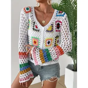 Boho-chic handmade crochet rainbow long sleeve cardigan-vintage ethnic style, hollow-out knit top for women, perfect for spring/fall Sweater Knitwear Cropped