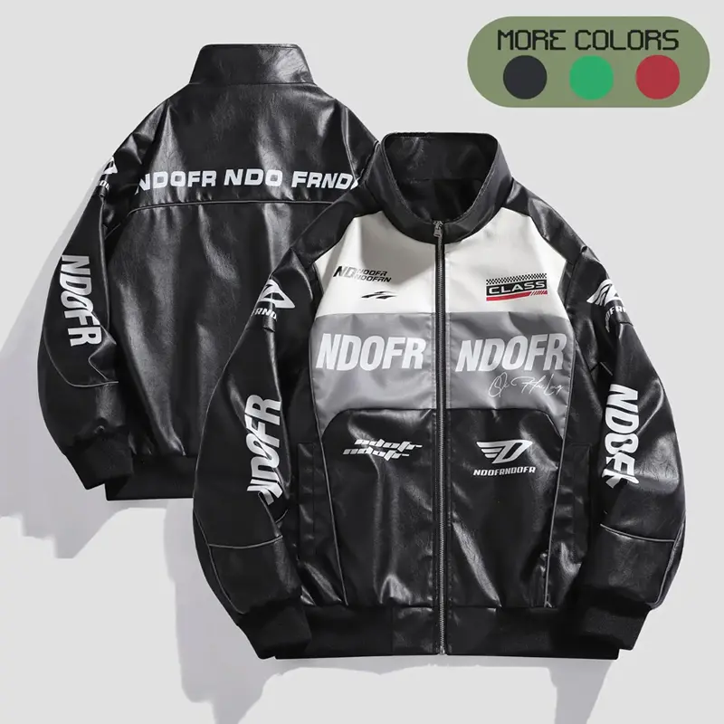 Men’s racing-style faux leather motorcycle jacket, Y2K American street style with color-block letter print, zip-up biker outerwear featuring a stand collar and loose fit, suitable for streetwear hip-hop and everyday outings, available in multiple colors.
