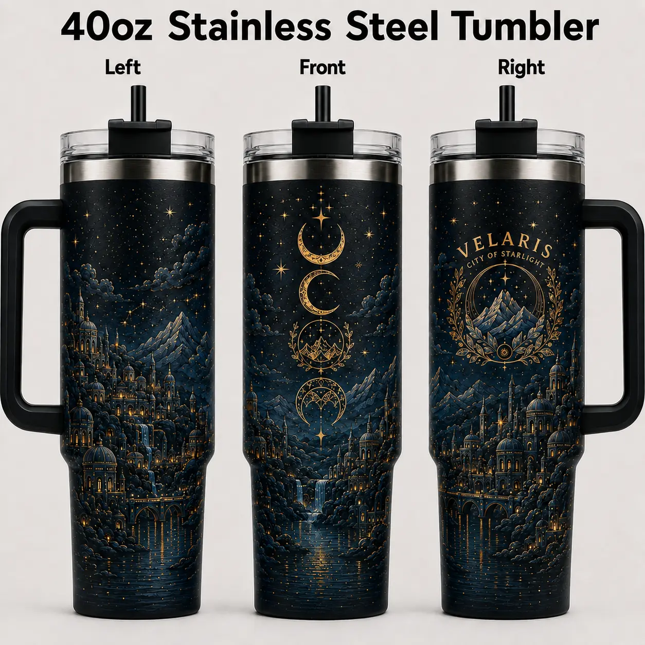Velaris Celestial Moon Bookish Tumbler, City of Starlight Acotar Mystical Starry Night 40oz Tumbler, Fantasy Night Sky City Insulated Travel Cup, Gold Moon Phase Mountain Water Bottle, Dark Academia Celestial Tumbler, Gift for Her, Witchy Coffee Cup