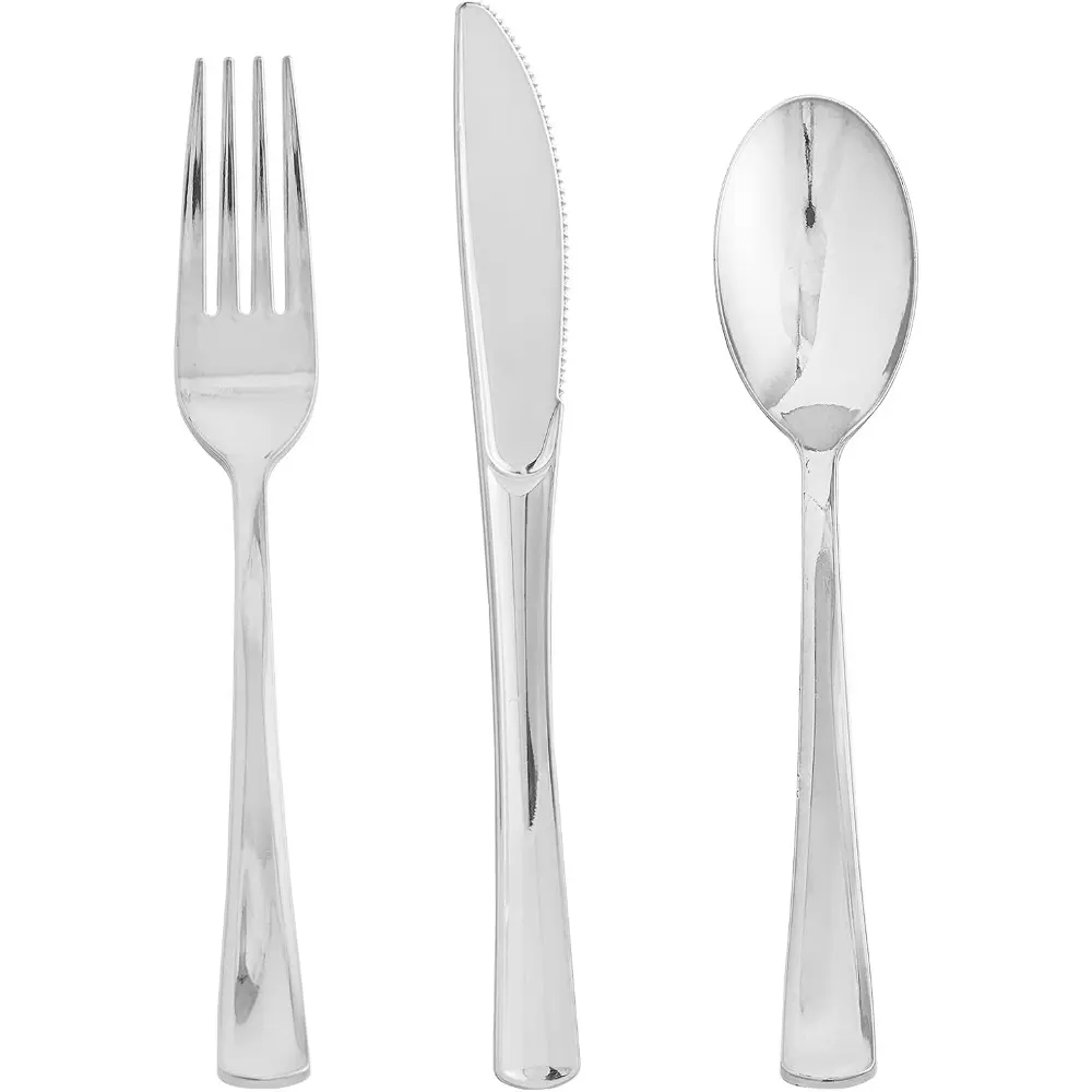 Heavy-Duty Disposable Tableware Set - Thick Silver Metal-Look Sturdy Recyclable Plastic Cutlery, 75-Pack Bulk Assortment (Equal Forks, Knives, Spoons) - For Catering, Anniversaries