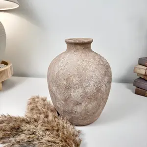 Minimalist Hand-Painted Textured Ceramic Vase 10" tall -  Beige Washed