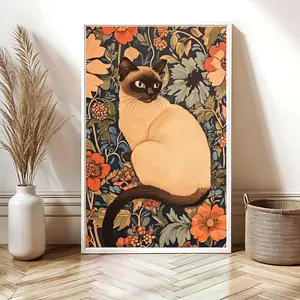 William Morris Floral Cat Print, Nature And Flower Wall Art Cat Decor, Trendy Colorful Siamese Cat Poster, Cat Wall Art For Living Room