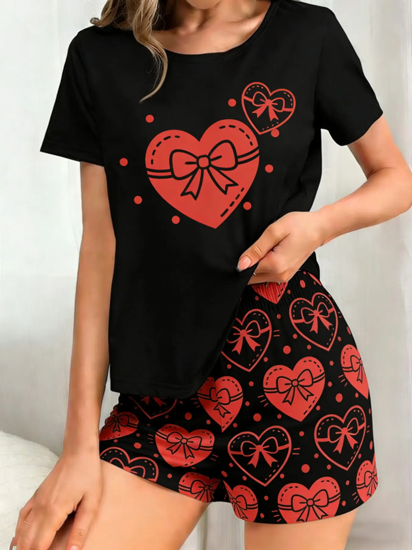 Women's Summer Pajama Set, Cute Short Sleeve and Shorts, Butterfly Heart Digital Print, Soft, Comfortable and Skin-Friendly