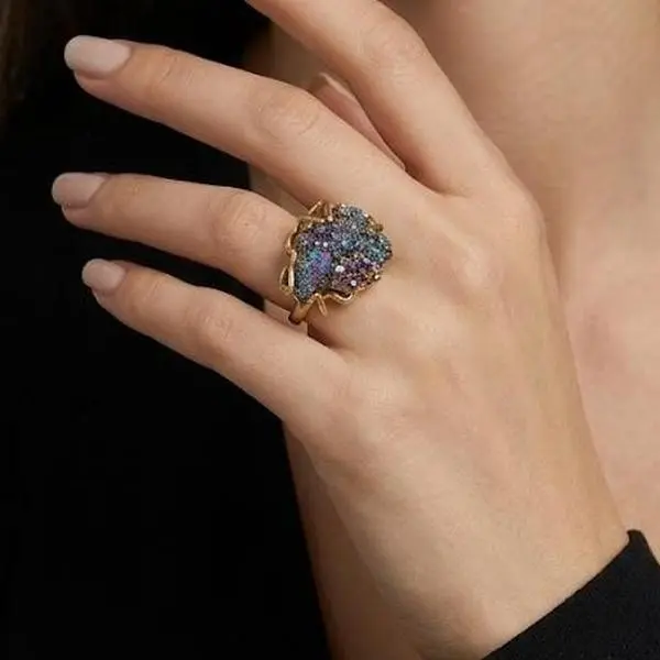 Natural Titanium Coated Quartz Druzy Ring - Adjustable Raw Geode Crystal Statement Ring for Women