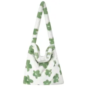 Y2K Flower Tote Bag, Fluffy Tote Bag for Women, Soft Fuzzy Shoulder Plush Bag Floral Print Green Black White, Trendy Cute Spacious Tote Bag, Tote Bag for Summer Spring Fall Winter, Gift Tote Bag