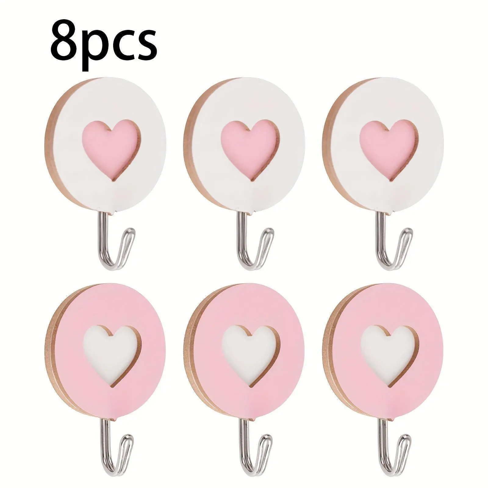 8pcs Wooden Pink Double Heart-Shaped Self-Adhesive Hooks, Key Holder Coat Hook Strong Adhesive Hooks for Home Office Hotel Wall Decoration, Utility Hooks