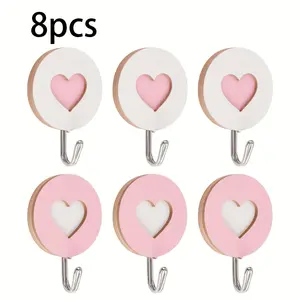 8pcs Wooden Pink Double Heart-Shaped Self-Adhesive Hooks, Key Holder Coat Hook Strong Adhesive Hooks for Home Office Hotel Wall Decoration, Utility Hooks