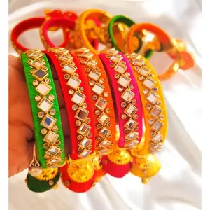 Assorted & Adjustable Kundan & Silk Thread Bangles with Danglers, 5 Pairs