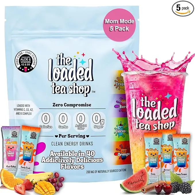 The Loaded Tea Shop Mom Mode Collection Energy Drink Mix Sticks, Sugar-Free, 200mg Natural Green Tea Caffeine, B Vitamins, Vitamin D3-K2, 0 Calories, Keto, Gluten-Free, 5-Pack